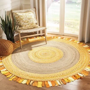 Round Rug Jute & Cotton Hand Braided Round Area Rug Rustic Look Rug, Indian Rugs - Picture 1 of 7