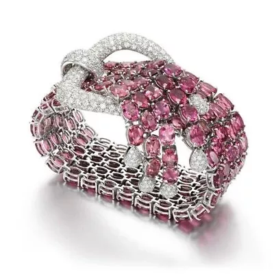 Fine 95.72 TCW Oval Pink Ruby & White Sapphire Unique Party Wear Tennis Bracelet - Image 1 of 4