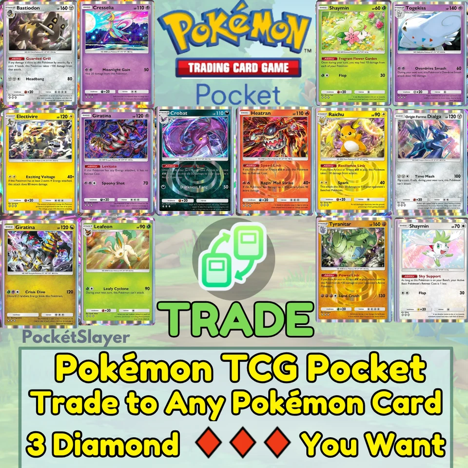 Pokemon TCG Pocket Trading Trade any 3 Diamond Card Pokemon 🔶🔶🔶 you want it - Image 1 of 2