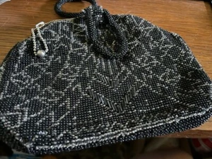 Antique vintage Black & Clear Seerd Beaded Purse Zipper bag 5-1/2 x 7 Deco Style - Picture 1 of 10