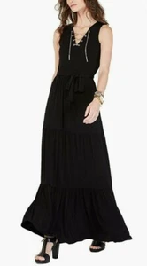 Michael Kors Black Tiered Maxi Dress Size XS Chain Lace Up NWT $155 Peasant  - Picture 1 of 7