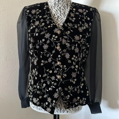 Vintage Sears Women's Another Thyme Black Gold Embroidered Velvet Sheer Sleeve - Image 1 of 4