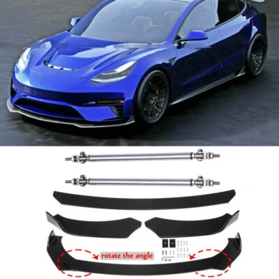 For 2017-2021 Tesla Model 3 Sedan Front Bumper Lip Body Kit  Splitter+Strut Rods - Image 1 of 4