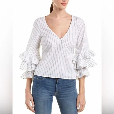 Likely Womens Pinstripe Tiered Ruffled Top Size 10 White Coquette Office Career - Image 1 of 4