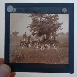 Antique Glass Magic Lantern Slide - Fox Hunting Scene with Riders and Hounds - Picture 1 of 1