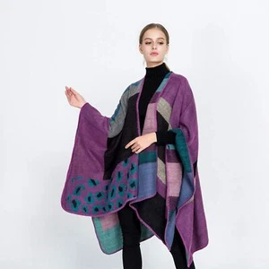 Women's Warm Shawl Wrap Cape Winter Sweaters Open Front Poncho A3-purple - Picture 1 of 3