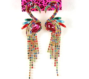 3 3/4" BETSEY JOHNSON MULTICOLOR PINK FLAMINGO BIRD RHINESTONE DANGLE EARRINGS - Picture 1 of 18