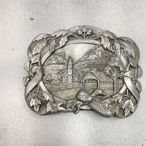 Vintage 1986 Fall Scene Covered Bridge Church Silo Collectible Belt Buckle - Picture 1 of 6