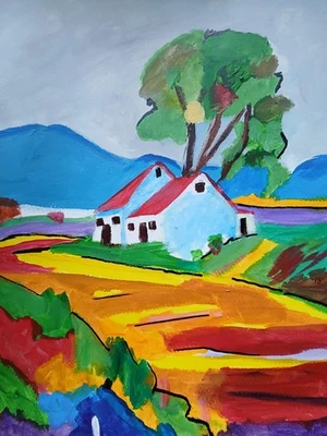 Colorido Homestead brillante alegre hogar en campo entorno 11x14 pintura acrílica Foto 1 de 4