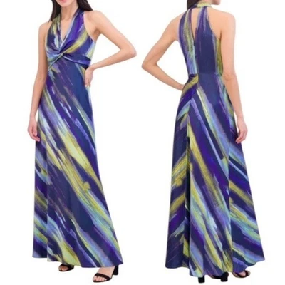 NWT Vince Camuto Abstract Print Knot Front Satin Halter Gown Size 8 Retail $228 - Image 1 of 4