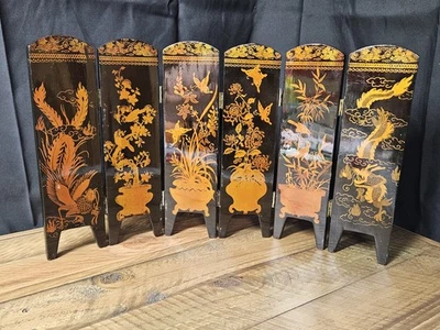 Vintage 6 Panel Tabletop Chinese Screen Painted & Mother Of Pearl 17''x10'' - Image 1 of 4