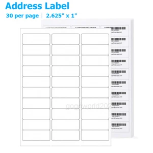 2.625"x1" Blank Laser / Ink Jet Mailing Adhesive Address Labels 1" x 2-5/8" 30UP - Picture 1 of 9