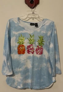 Sara Studio Womens Medium Blue Tie Dye Pineapple-Print Cotton-Blend Shirt! A2226 - Picture 1 of 2