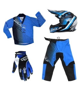 Kids MX Wulfsport CONNECT Motocross Shirt Pant ICONIC Helmet Gloves Blue Set #6 - Picture 1 of 5