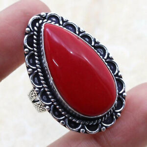Red Coral 925 Silver Plated Handmade Ring of US Size 7.25 Ethnic Gift
