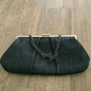 KOKO & PALENKI RAFFIA WOVEN CLUTCH BAG PURSE w SHORT CHAINED STRAP-BLACK - Picture 1 of 11