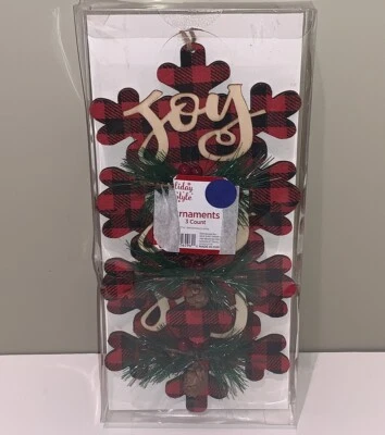 Juego de 3 adornos a cuadros a cuadros búfalo negro y rojo estilo navideño JOY nuevo Foto 1 de 4