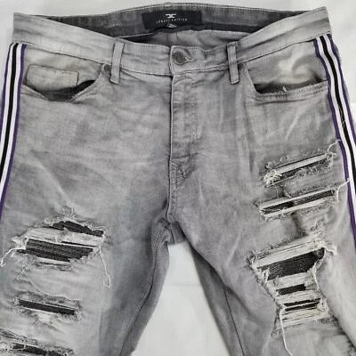 JORDAN CRAIG LEGACY EDITION ROSS JEANS MENS 38x34 GRAY DISTRESSED RIBBED STRIPED - Image 1 of 4