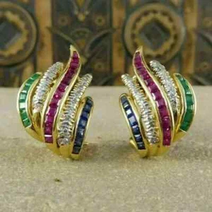 3Ct Simulated Sapphire Ruby Emerald 14K Yellow Gold Finish Omega Back Earrings - Picture 1 of 7