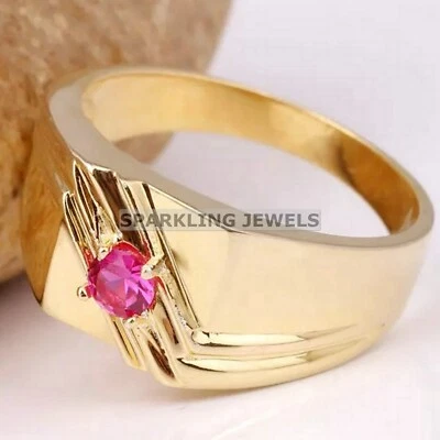 Calibrated Ruby Round Cut With 925 Silver Gold Plated Ring For Men #C299 - Image 1 of 4