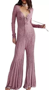 NEW FREE PEOPLE PINK LADY LUCK RIBBED WIDE LEG ONE PIECE JUMPSUIT SIZE LARGE L - Picture 1 of 7