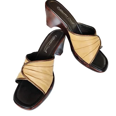 二手状况完好复古 Coldwater Creek 天然皮革重叠带凉鞋 6.5 米 2.5 英寸高跟鞋 — 第 1/4 张图片