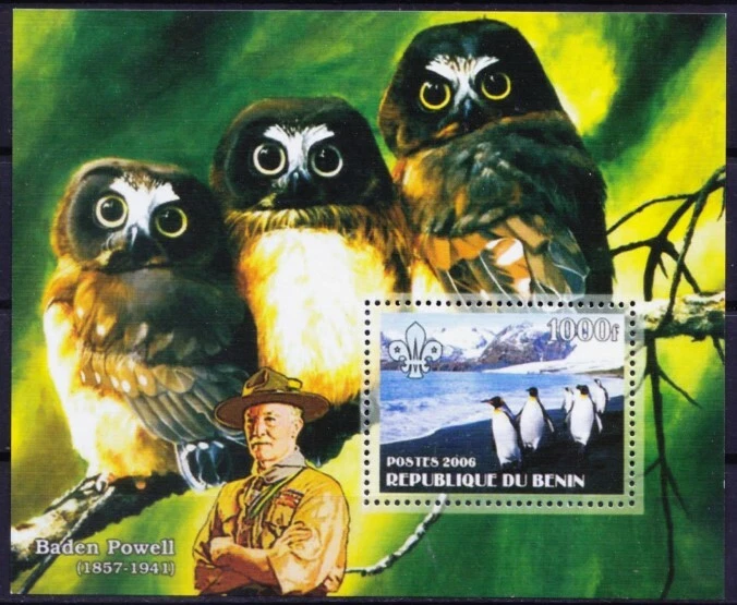 Benin MNH MS, Penguins, Owl Birds, Scout, Cinderella stamp Scouting - Image 1 of 1