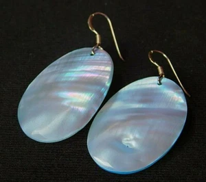 925 SOLID STERLING Silver Rainbow Fire Blue Mother Of Pearl Shell Oval Earrings - Picture 1 of 4
