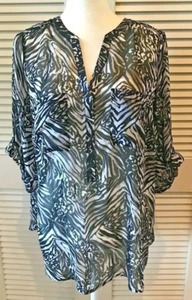 OLEG CASSINI Woman Blouse Tunic Sheer Black / White / Grey  Animal Print Size 0X - Picture 1 of 9