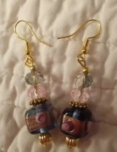 Artist Earrings Gold Plated 925ss Hook Quality Rosette Glass Lampwork Blue/pink - Picture 1 of 3