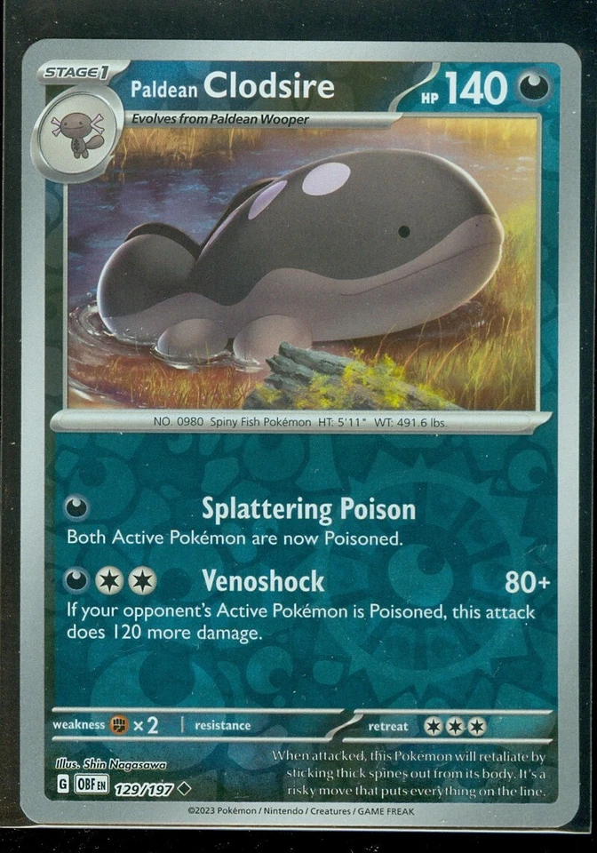 Pokemon PALDEAN CLODSIRE 129/197 Obsidian Flames Rev Holo - - MINT - Image 1 of 1