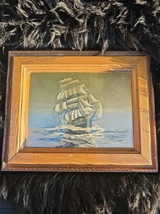 Vtg Maritime Sailing Ship Metallic Gold Foil Print Oak Wood Frame Under Glass - Picture 1 of 7