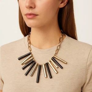 Oliver Bonas Geometric Statement Necklace – Gold, Black & Nude – Bold Chain - Picture 1 of 6