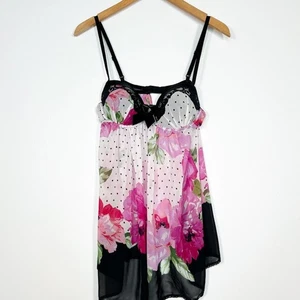 In Bloom by Jonquil Black Pink Red Floral Print Babydoll Chemise Slip Dress NWOT - Picture 1 of 12