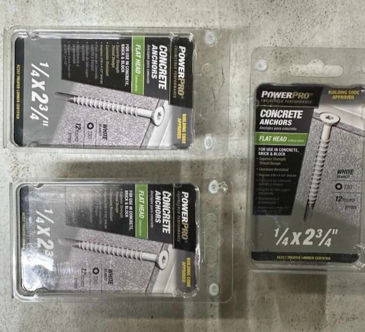 3 PAQUETES de anclajes de hormigón de cabeza plana blancos PowerPro 377320 1/4 x 2-3/4" Foto 1 de 1