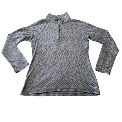 Pullover Eddie Bauer para mujer 1/4 cremallera talla mediana gris rayas chevron agujeros para los pulgares Foto 1 de 4