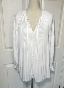 Chico’s White Pleated Open Sleeve Silky Shirt Long Sleeved V Neck w/ Tie - Picture 1 of 9