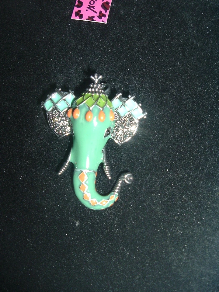 Broche prendedor Betsey Johnson plata verde esmalte multicolor elefante plata Foto 1 de 4