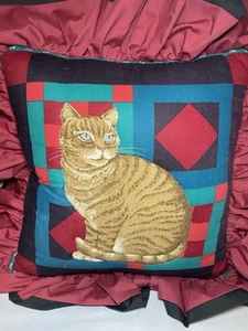 Cuscino decorativo vintage arancione gatto tabby fatto a mano tessuto USA anni 80 - Foto 1 di 8