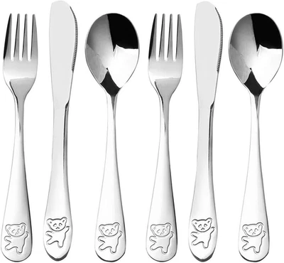 Kinderbesteck Edelstahl Gabel Löffel Messer Gravur Taufgeschenke Set 6 Stück - Bild 1 von 4