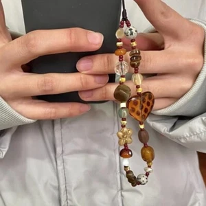 Leopard Heart Beaded Phone Chain Rope Resin Hanging Cord For Girl Woman - Photo 1 sur 11