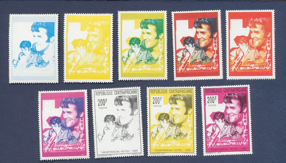 CENTRAL AFRICAN REPUBLIC - Sc 997 - MNH die proof set of 9 - 200 Fr. ELVIS --c - Image 1 of 1