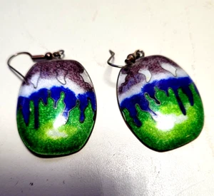 Artisan Handmade -Abstract Cloisonne Enamel on Copper-Dangle Pierced Earrings - Picture 1 of 5