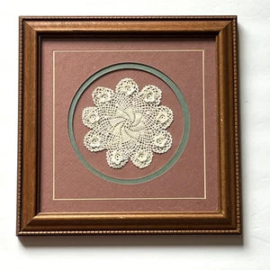 Vintage Framed Hand Crocheted Doily Cottagecore Decor Retro Wall Art - Picture 1 of 7