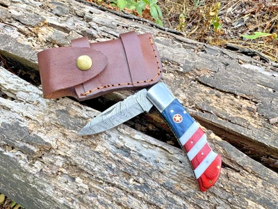Cuchillo bandera Texas acero damasco hecho a mano con estuche de cuero Foto 1 de 4