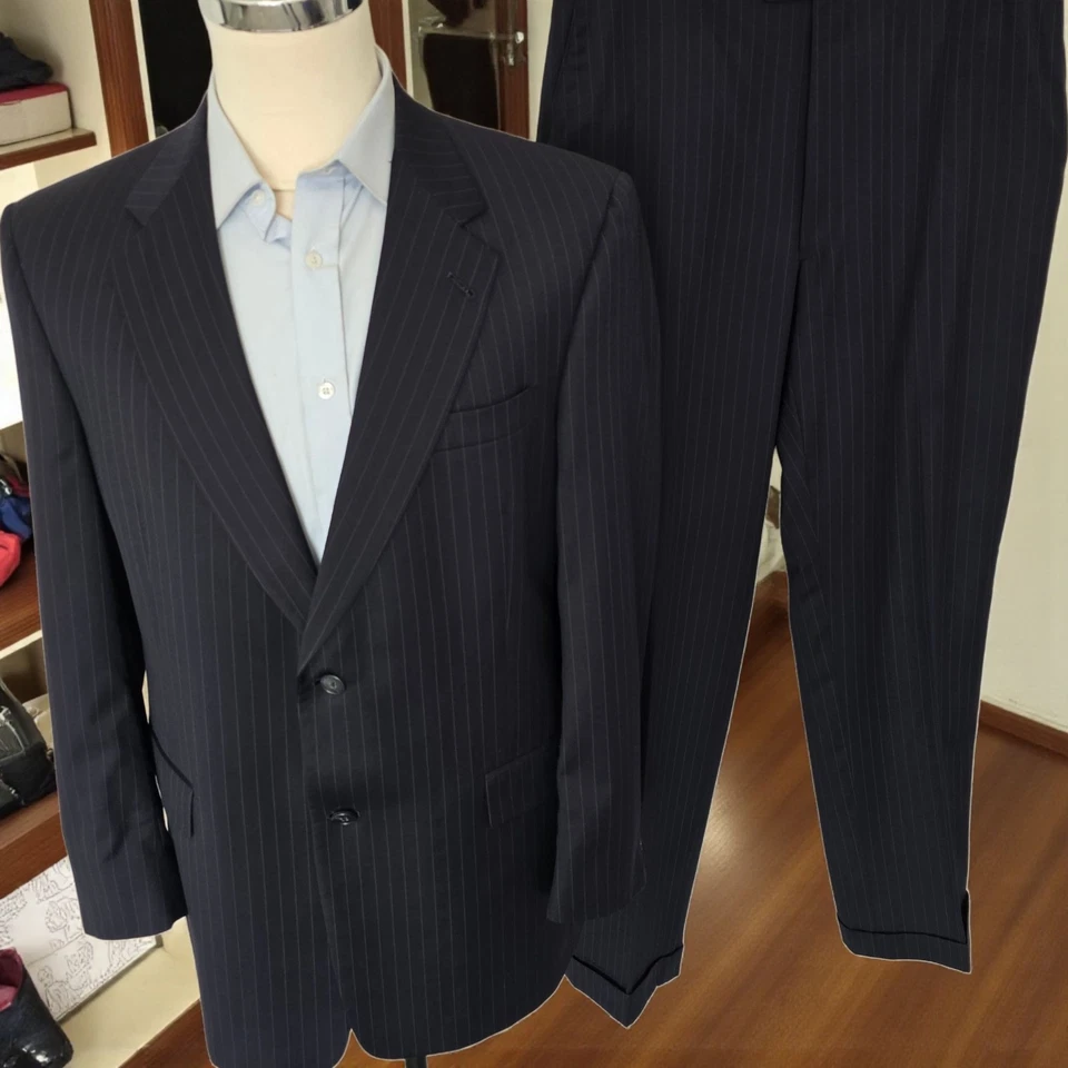 Traje de lana a rayas azul marino 43r 36x32 Hart Schaffner Marx trompetista dorado Foto 1 de 4