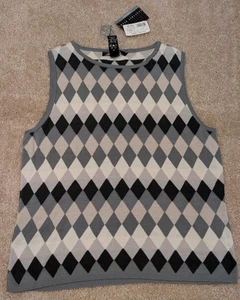 1990s Geoffrey Beene Sport -Argyle - Knit Sweater Tank Top - Women’s L - Picture 1 of 14