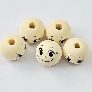 Wooden Doll Head Beads, 5 Round Happy Face Beads, Smiling Face Beads, Wood Beads - Picture 1 of 3
