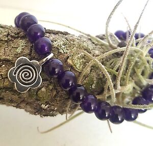 Silver Celtic Flower Daisy Amethyst Purple Gemstone Bead Stretch Bracelet  