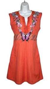 3J Johnny Was Vintage Butterfly Dress Floral Embroidered Orange A-Line Medium - Picture 1 of 10
